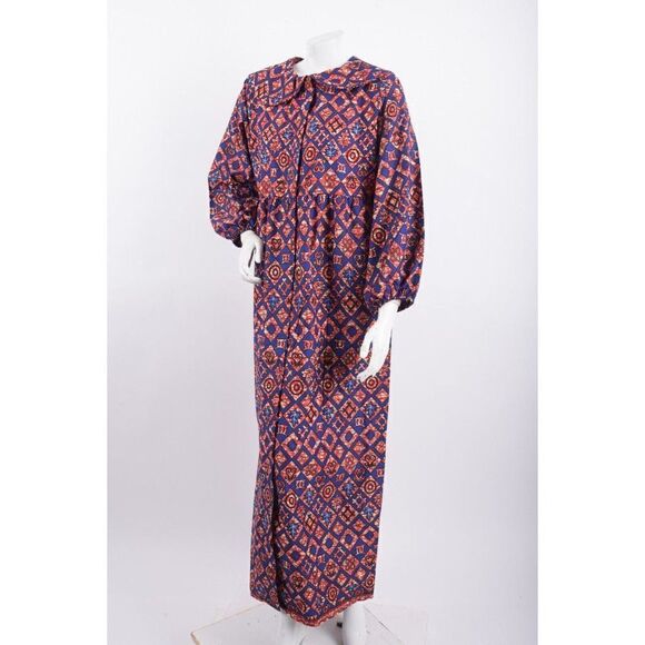 Elisa Mama Womens Shirt Maxi Dress M Blue Red Leaf Print Button Front NWT - Picture 3 of 6